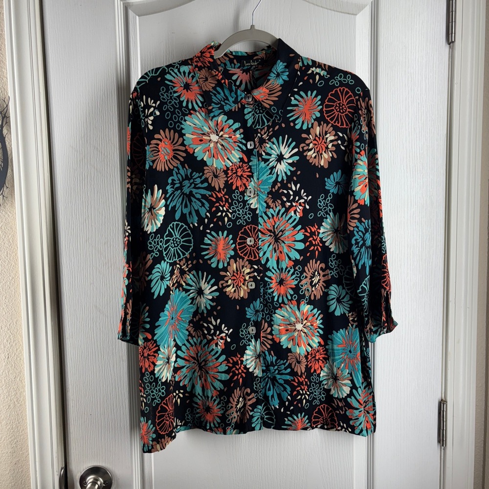 Loco Lindo Womens Floral Rayon Button Down Shirt Black Turquoise Coral Small